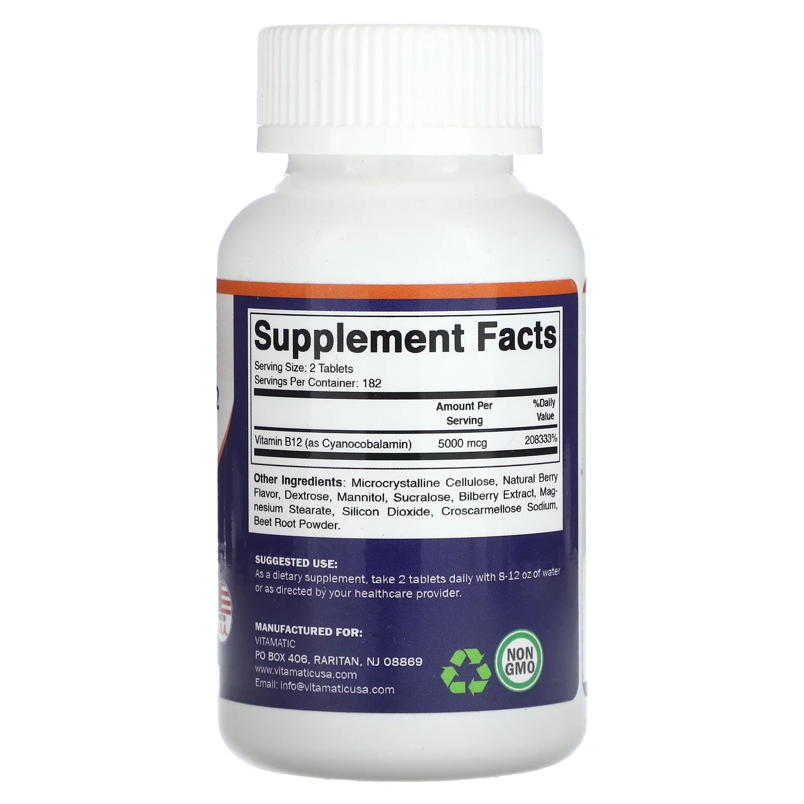 Vitamatic Vitamin B12, Natural Berry, 5,000 mcg, 365 Fast Dissolve Tablets (2,500 mcg per Tablet)