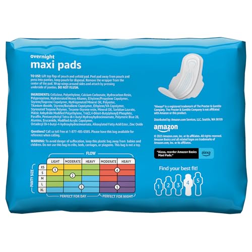 Amazon Basics Thick Maxi Pads with Flexi-Wings for Periods, Overnight Absorbency, Unscented, Size 4, 28 Count, 1 Pack (Previously Solimo)
