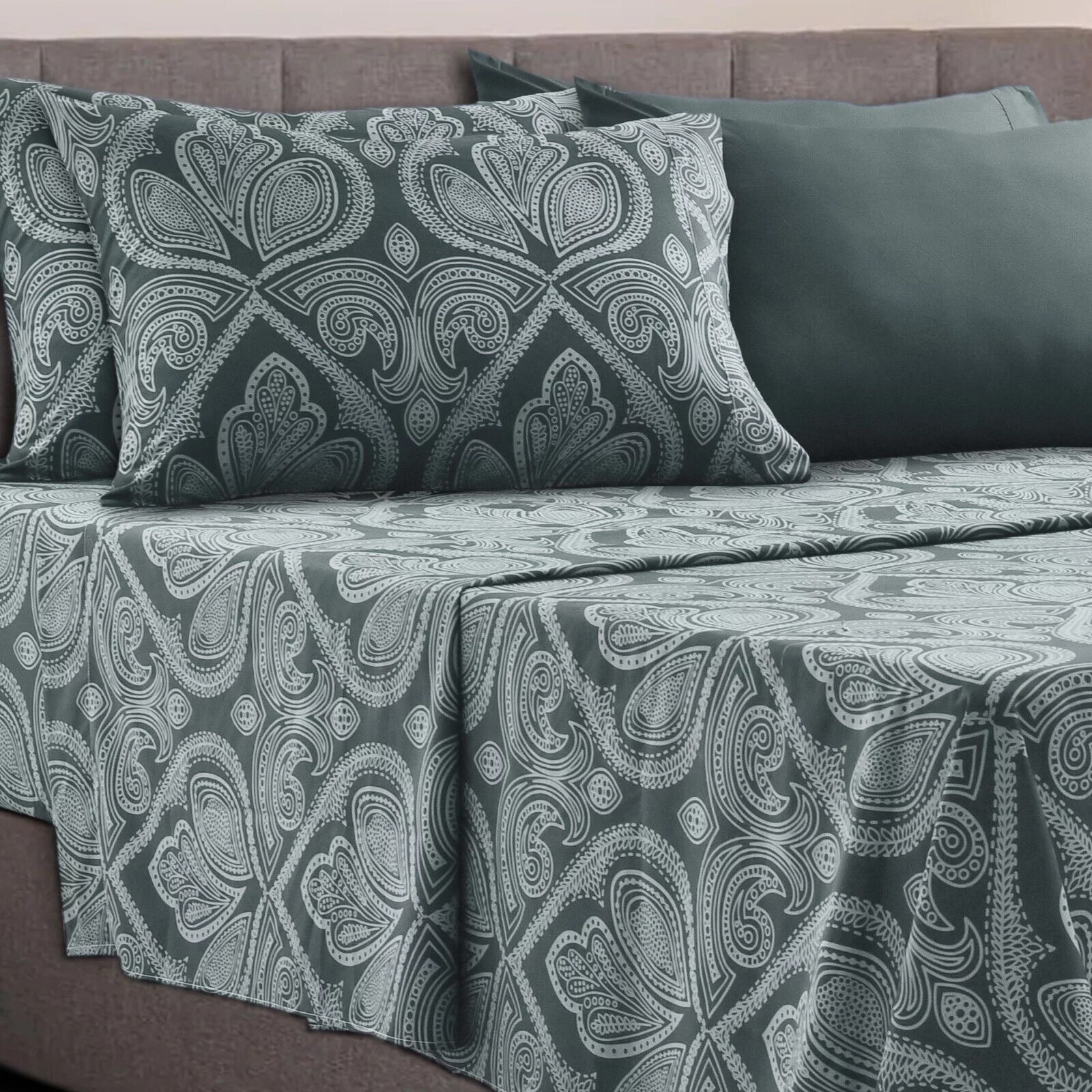 Deep Pocket 6 Piece Bed Sheet Set 1800 Series Microfiber Comfort Paisley Sheets