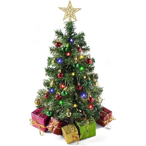 Prextex 23-Inch Mini Christmas Tree with Lights- Small Holiday Tree with Ornaments, Star Topper, and Gift Boxes- Easy Setup Table Decorations for Home, Office, and Indoor Festive Displays