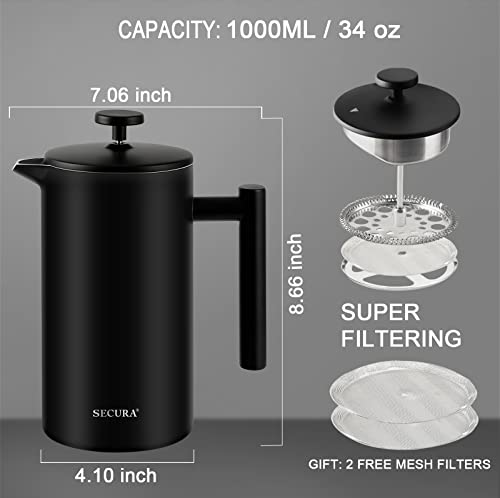 Secura French Press Coffee Maker, 304 Grade Stainless Steel Insulated Coffee Press with 2 Extra Screens, 34oz (1 Litre), Silver
