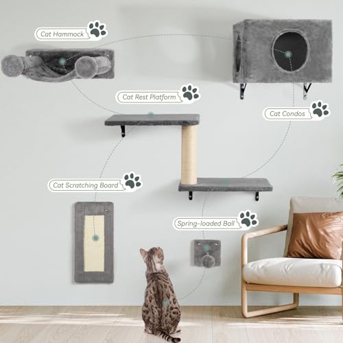 NUNU LAB 5-in-1 Wall-Mounted Cat Climber Set, Cats Wall Shelve, Wall-Mounted Cat Climbing Shelves, with House, Bridge, Steps, Scratcher, Hammock, Shelves (A-KM060)