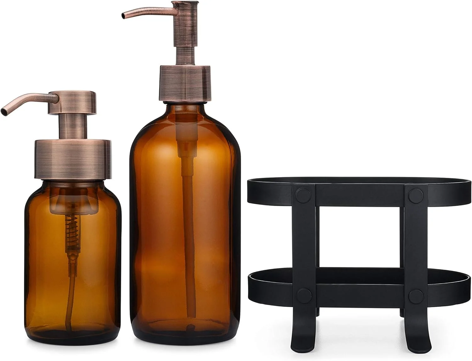 Foaming + Non-Foaming Amber Glass Soap Dispenser Set With Caddy Stand, 8.5Oz/16Oz (Copper)