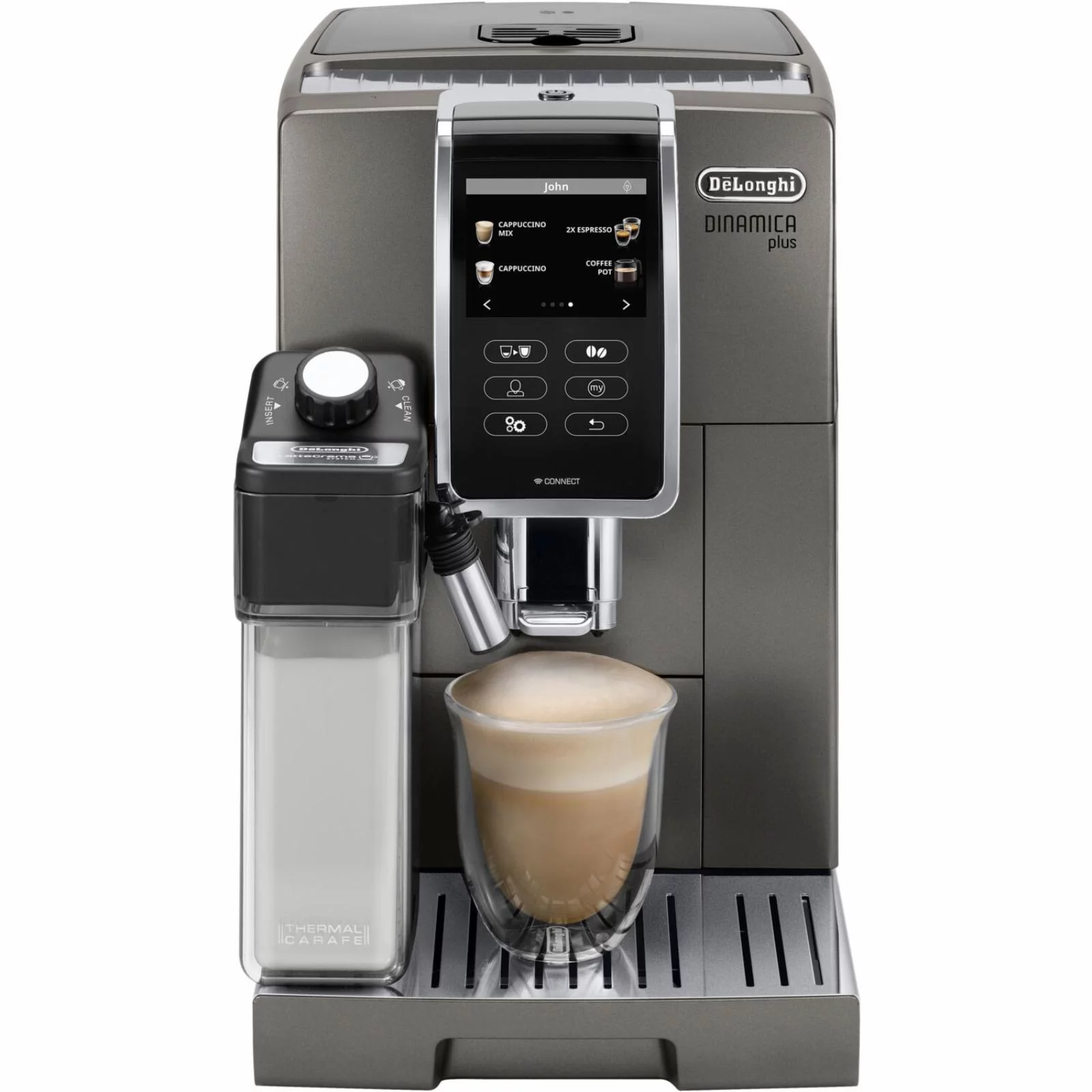 De'Longhi Dinamica Plus, Smart Coffee and Espresso Machine with Coffee Link Connectivity App and Automatic Milk Frother, Titanium