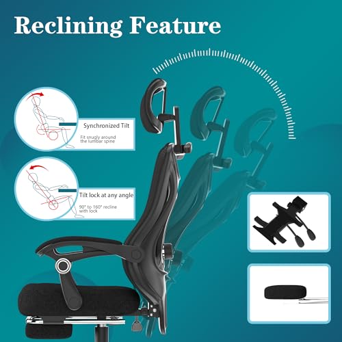 Ergonomic Office Chair - Adjustable Lumbar & Headrest, 90-160° Reclining with Footrest, Breathable Mesh Back - Home Office/Gaming Computer Chair (Black, 300lbs Capacity)