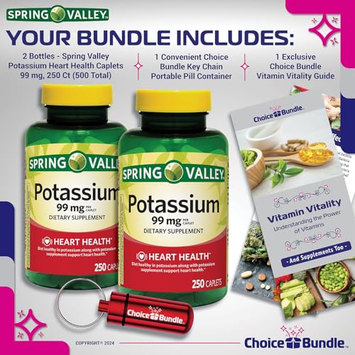 Spring Valley Potassium Heart Health Dietary Supplement Caplets 99 mg 250 CT 2 pk (500 Total) + “Vitamin Vitality” Guide & Keychain Pill Container (4 Items)!