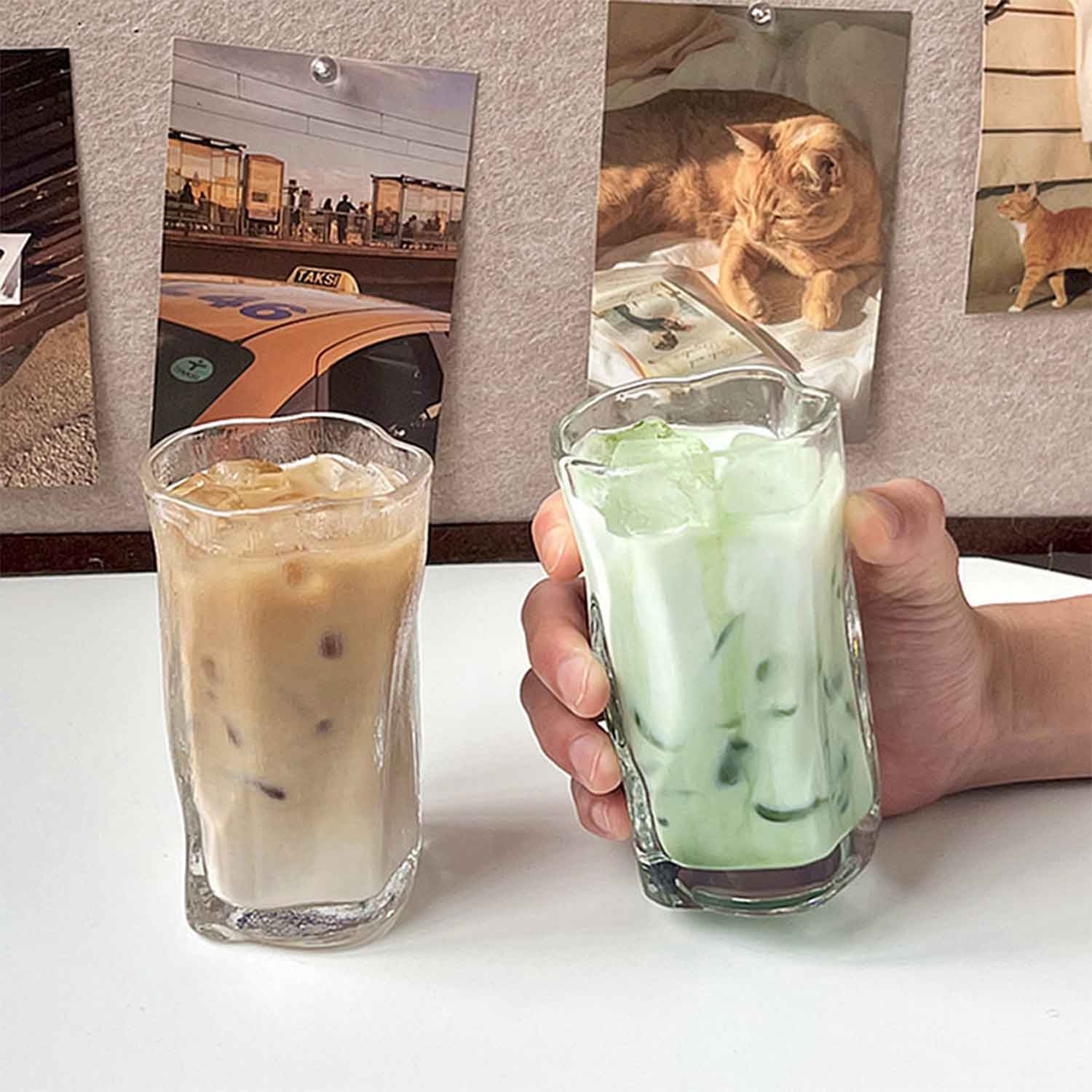 Glass Cups, Irregular Twist Clear Drinking Glasses Ice Coffee Bottle Glasses Fruit Juice Cup Water Glass Great for Soda Cocktail Beer Whiskey (Clear)