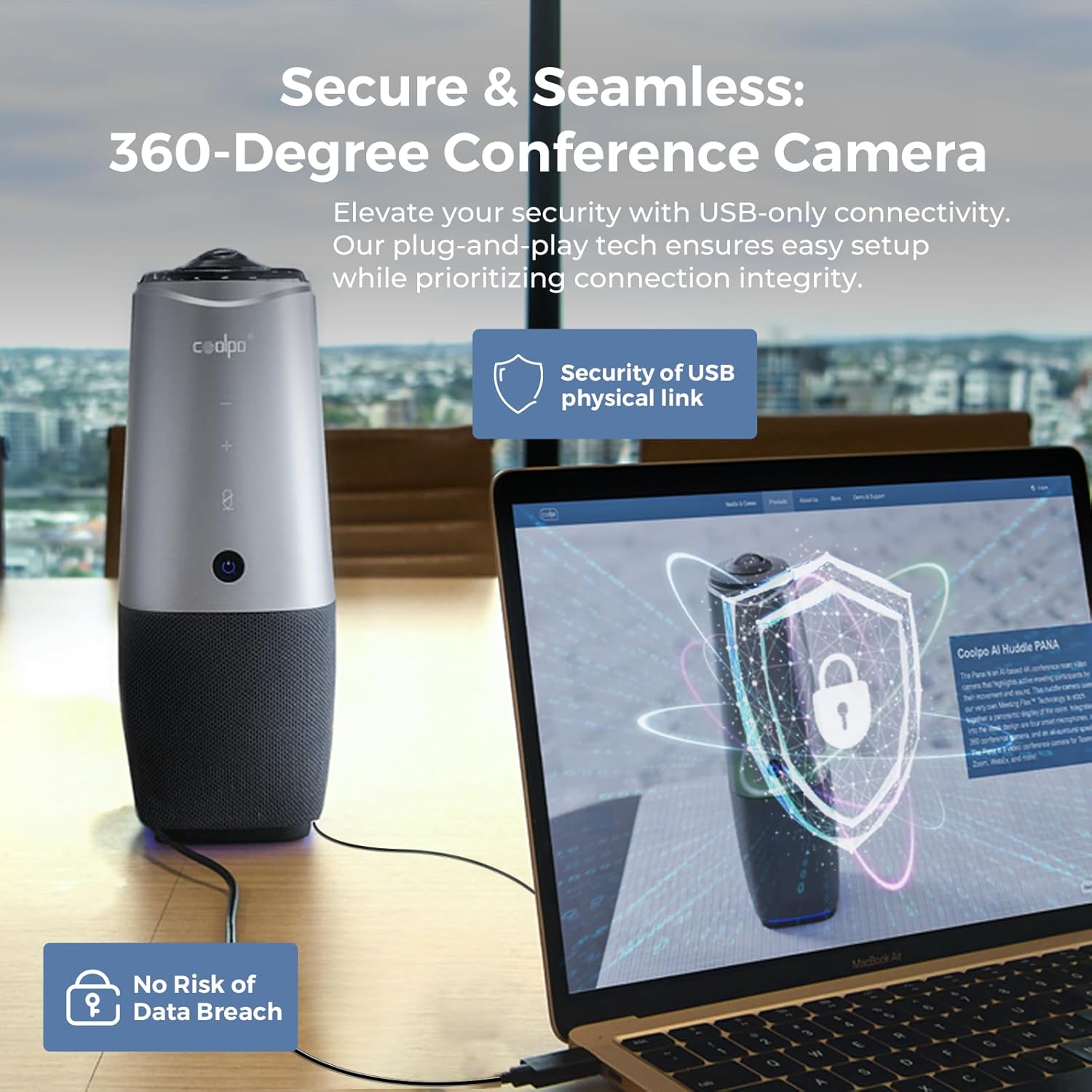 Webcam, 360 Video Conference Camera, 4K All-in-one Conference Room Camera with Speaker, Microphone, Meeting Room Camera, AI Speaker Tracking, Noise Cancellation, Teams, Zoom, PANA 5ft USB Cable