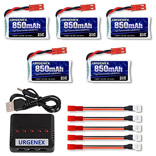URGENEX 3.7V Lipo 850mah Rechargeable Lipo with JST Plug X5 Charger for MJX Syma Holy Stone Sky Viper RC Quadcopter Drone X56W X400 X400W X300C X400C X800 HS110 HS200 S670 V950hd S1750 V2450