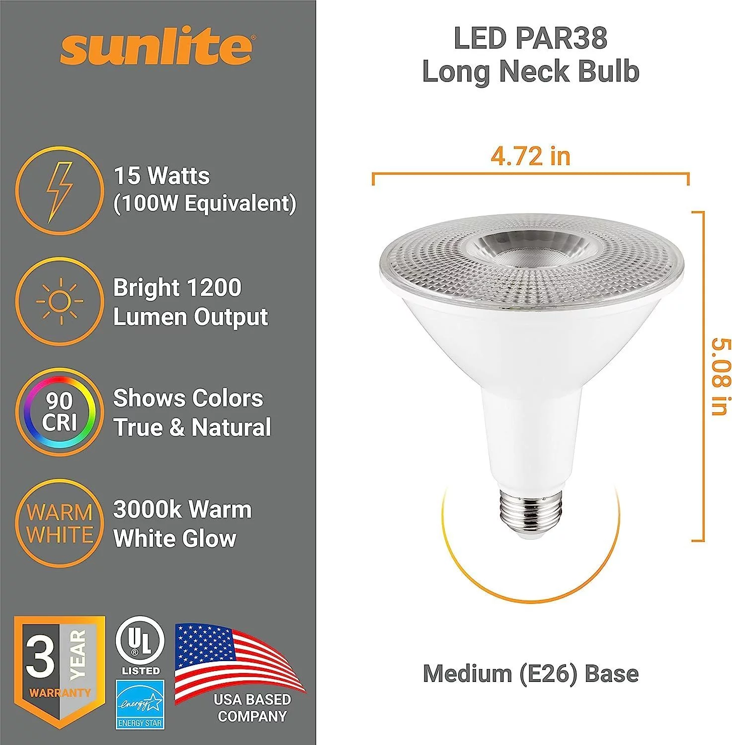 Sunlite LED PAR38 Long Neck Spotlight Bulb, 15 Watts (100W Halogen EQ), Medium E26 Base, Dimmable,UL Listed, 3000K Warm White, 6-Pack