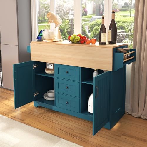 SOFTSEA Rolling Kitchen Island on 5 Wheels with 2 Drop Leaf, Kitchen Island Cart with Power Outlet and 3 Drawers, Folding Storage Dining Table with Spice Rack & Towel Rack for Living Room, Green