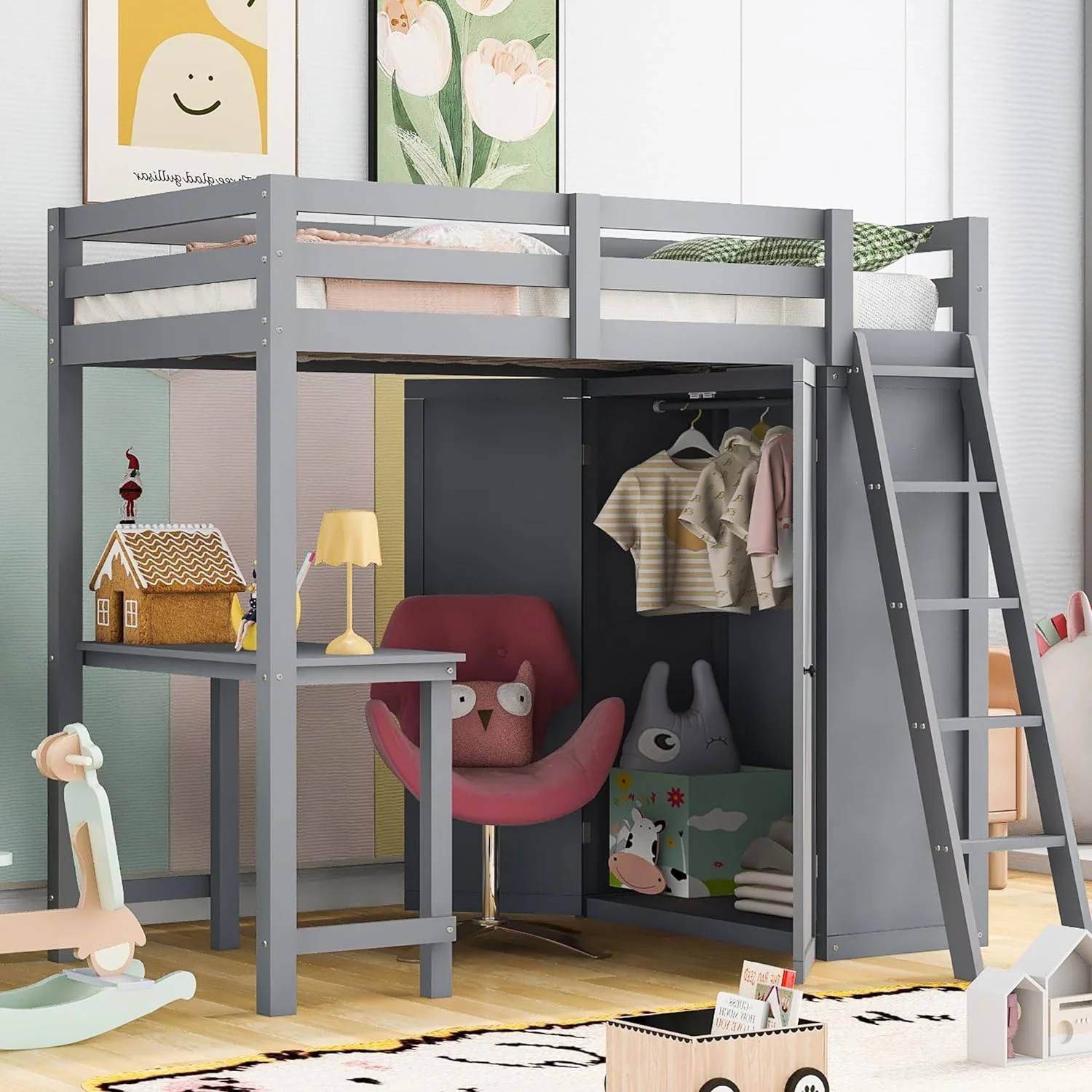 Size Lof Bed Wih Wardrobe Ad Desk, Wood Lof Bed Wih Guardrail Ad Agle Ladder, High Lof Bed Frame For ees, Aduls, o Box Sprig eeded (Gray)