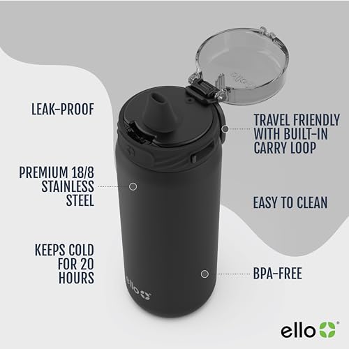Ello Cooper 32oz Stainless Steel Water Bottle with Straw and Carry Handle, Double Walled and Vacuum Insulated Metal, Leak Proof Locking Lid with Soft Silicone Spout, Reusable, BPA Free, Yucca