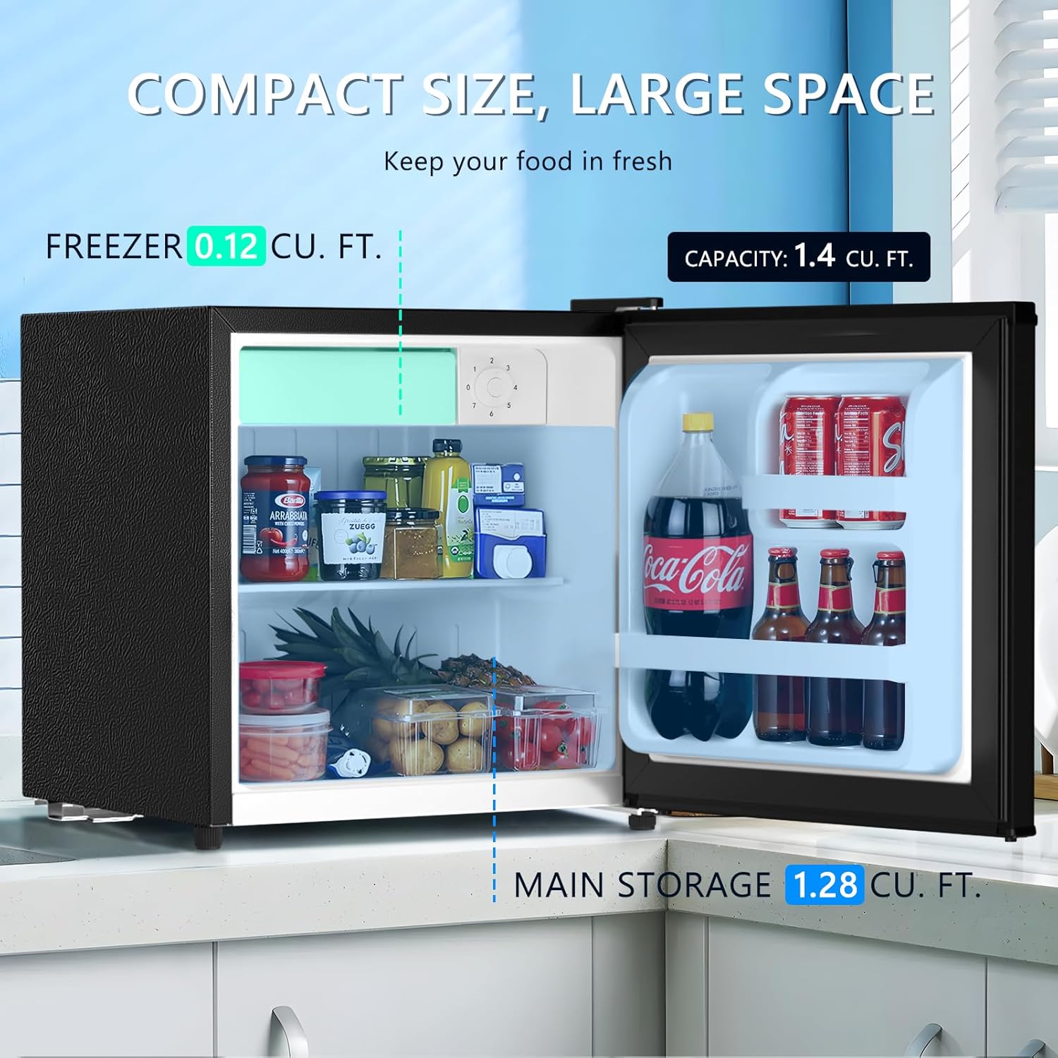 Antarctic Star Mini Fridge with Freezer, 1.4 Cu. Ft Compact Refrigerator, Dorm Fridge, Single Reversible Door, Removable Glass Shelf, Defrost Button, for Bedroom, Office, Black