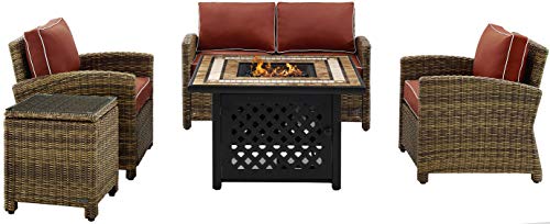 Crosley Furniture Bradenton 5-Piece Wicker Outdoor Loveseat Patio Furniture Set with Gas Fire Pit Table, Brown with Sand Cushions