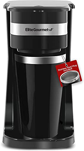 Elite Gourmet EHC-112B Personal Single-Serve Compact Coffee Maker Brewer Includes Stainless Steel Interior Thermal Travel Mug, Compatible with Coffee Grounds, Reusable Filter