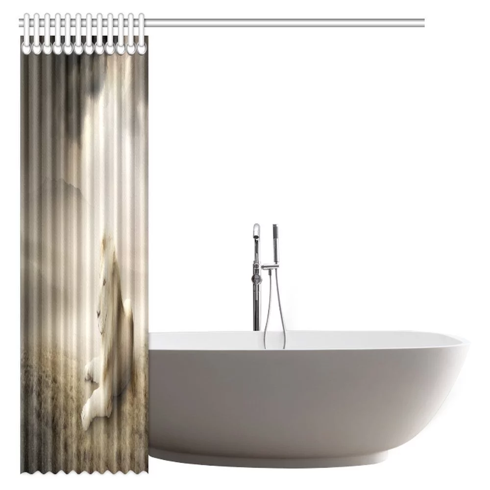 MYPOP Safari Decor Shower Curtain, White Lion on the Grassland at Sunset Fabric Bathroom Shower Curtain Set with Hooks, 66 X 72 Inches