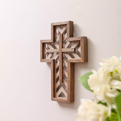 Crucifix Wall Cross - 12 Inch Handmade Unique Rustic Wooden Catholic Spiritual Art Church Home Room Decor - Brown