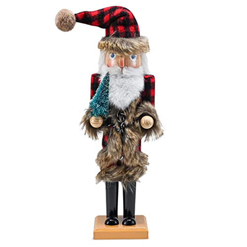 Ornativity Christmas Nostalgic Santa Nutcracker – Red and Black Wooden Nut Cracker Santa Clause Man with Buffalo Brown Fur Plaid Coat Holding a Xmas Tree Themed Holiday Doll Figure Decorations 15