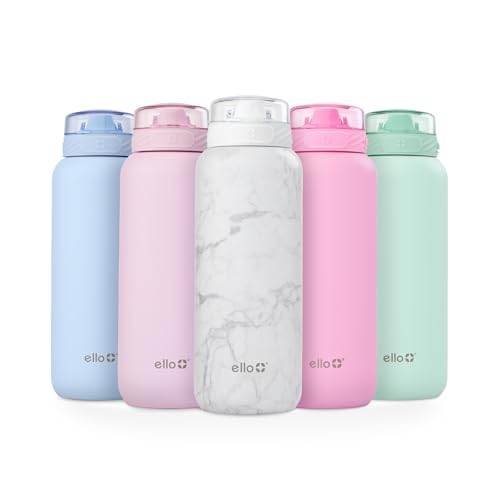 Ello Cooper 32oz Stainless Steel Water Bottle with Straw and Carry Handle, Double Walled and Vacuum Insulated Metal, Leak Proof Locking Lid with Soft Silicone Spout, Reusable, BPA Free, Yucca