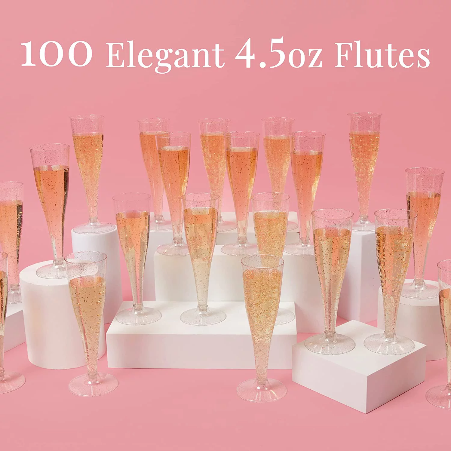 Prestee Plastic Champagne Flutes Disposable - 100 Pack | Silver Glitter Plastic Champagne Glasses | Glitter Clear Plastic Cups | Mimosa Glasses | Wedding Party Bulk Pack