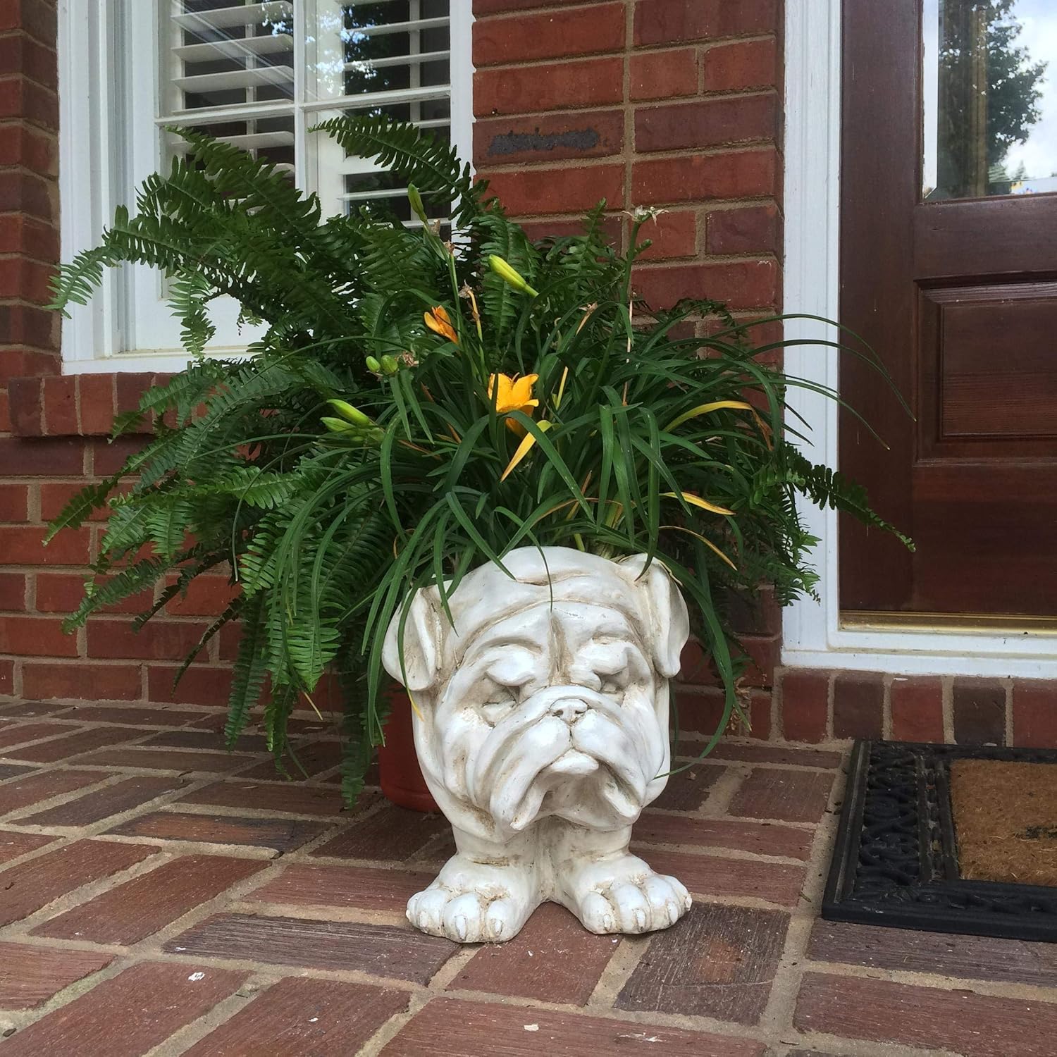 BOVTE FVLFIL Homestyles 12 in. Antique White Bulldog Muggly Mascot Dog Animal Statue Planter Holds 5 in. Pot