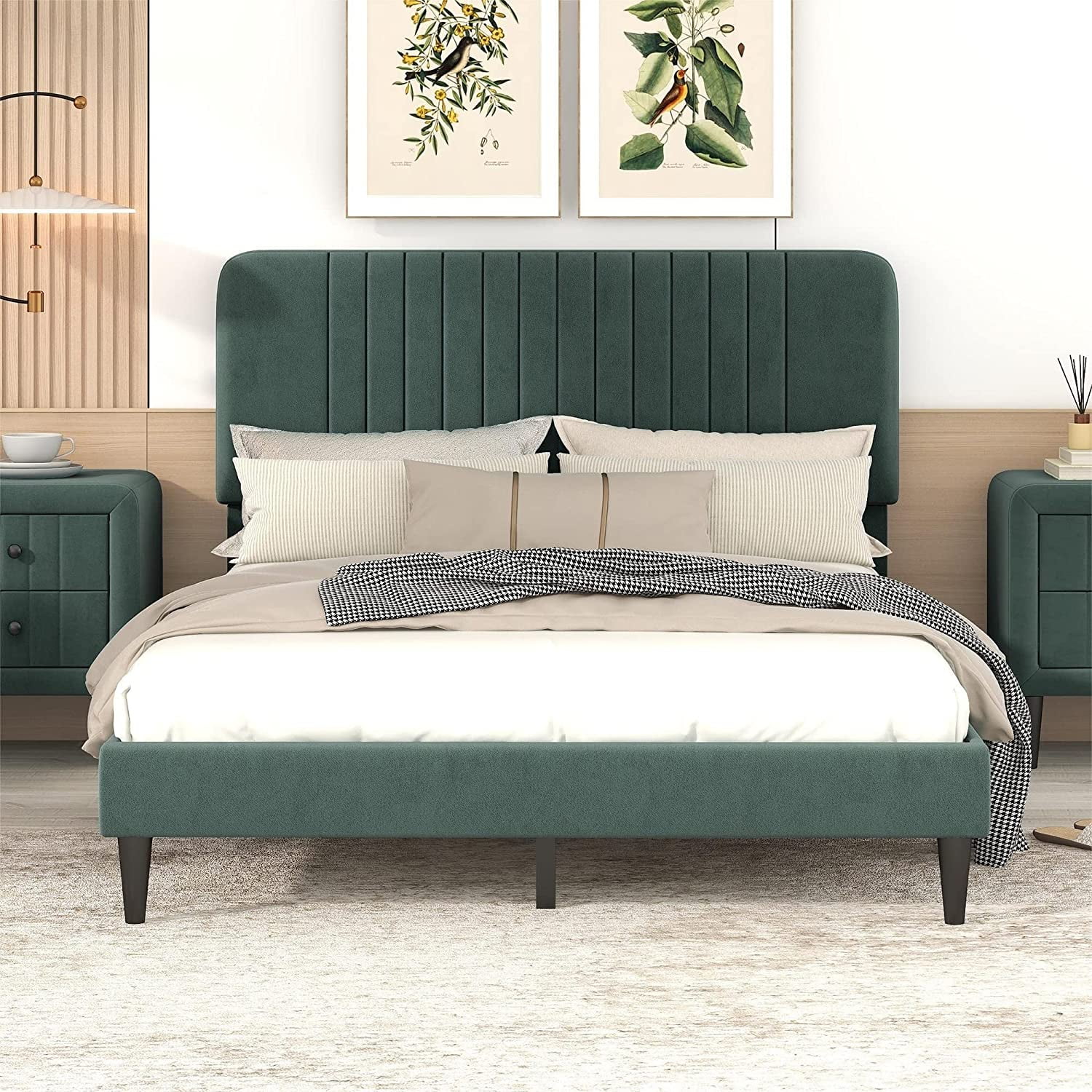 Upholstered Platform Bed Frame with Headboard and Rubber Wood Legs  Queen Size Platform Bed Frame for Teens Adult No Box Spring Needed
