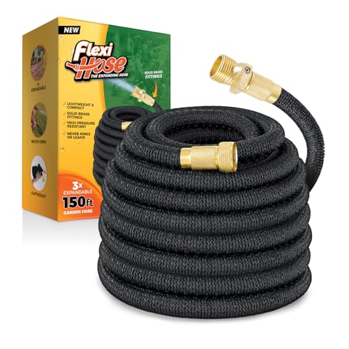 Flexi Hose Upgraded Expandable Garden Hose 50 ft Extra Strength 3/4 Solid Brass Fittings - The Ultimate No-Kink Flex 50 ft Water Hose (Black, 50FT)