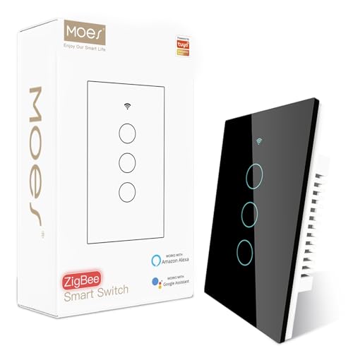 MOES Zigbee Smart Switches 4 Gang, Require MOES Zigbee Hub and Neutral Wire, Inteligente Single Pole Light Switch, Work as Relay, Support Tuya Smart Life, Black