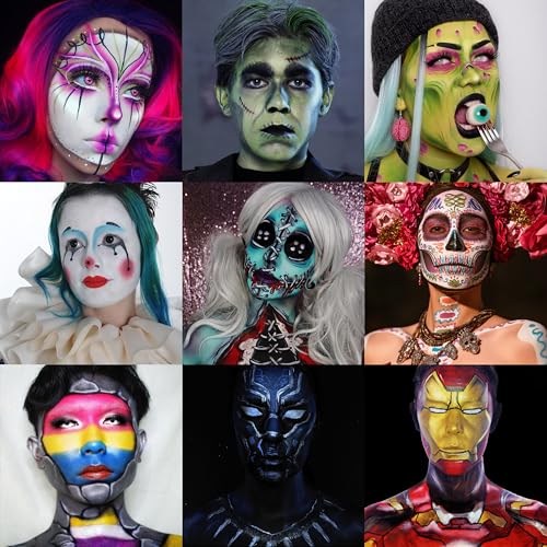 CCbeauty 36 Colors Face Paint,Professional Face Painting Kit,Neon Body Paint Palette Kit,Non-Toxic Special Effect SFX Makeup Kit,Halloween Costume Cosplay For Adult,Translucent Loose Powder,10 Brushes