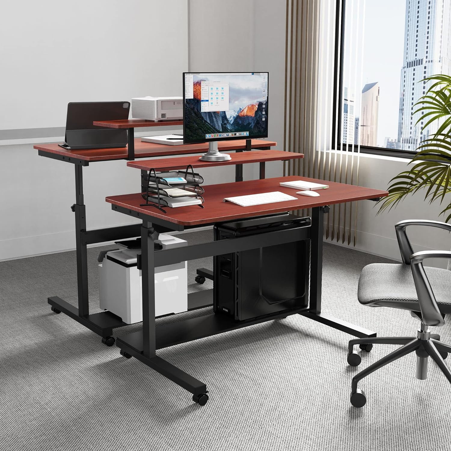 HJZBNONE It's_Organized Height Adjustable Portable Computer Desk 41''Rolling Laptop Desk Mobile Standing Desk with Monitor  & Hutch Teak
