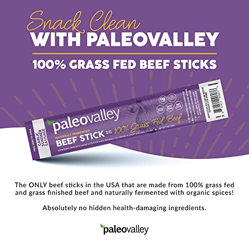 Paleovalley 100% Grass Fed Garlic Summer Sausage Beef Sticks - Delicious Gluten Free Beef Snack - High Protein Keto Friendly