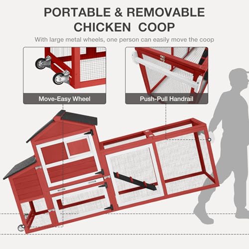Chicken Coop for Outdoor - Poultry Cage with Wheels, Nesting Box, Leakproof Pull-on Tray, and Asphalt Waterproof Roof - Grey
