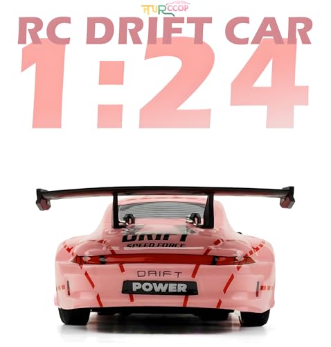 RC Drift Car 2.4GHz 1:24 Scale 4WD High Speed Remote Control Cars Vehicle with LED Lights Two Batteries and Drifting Tires Racing Sport Toy Cars for Adults Boys Girls Kids
