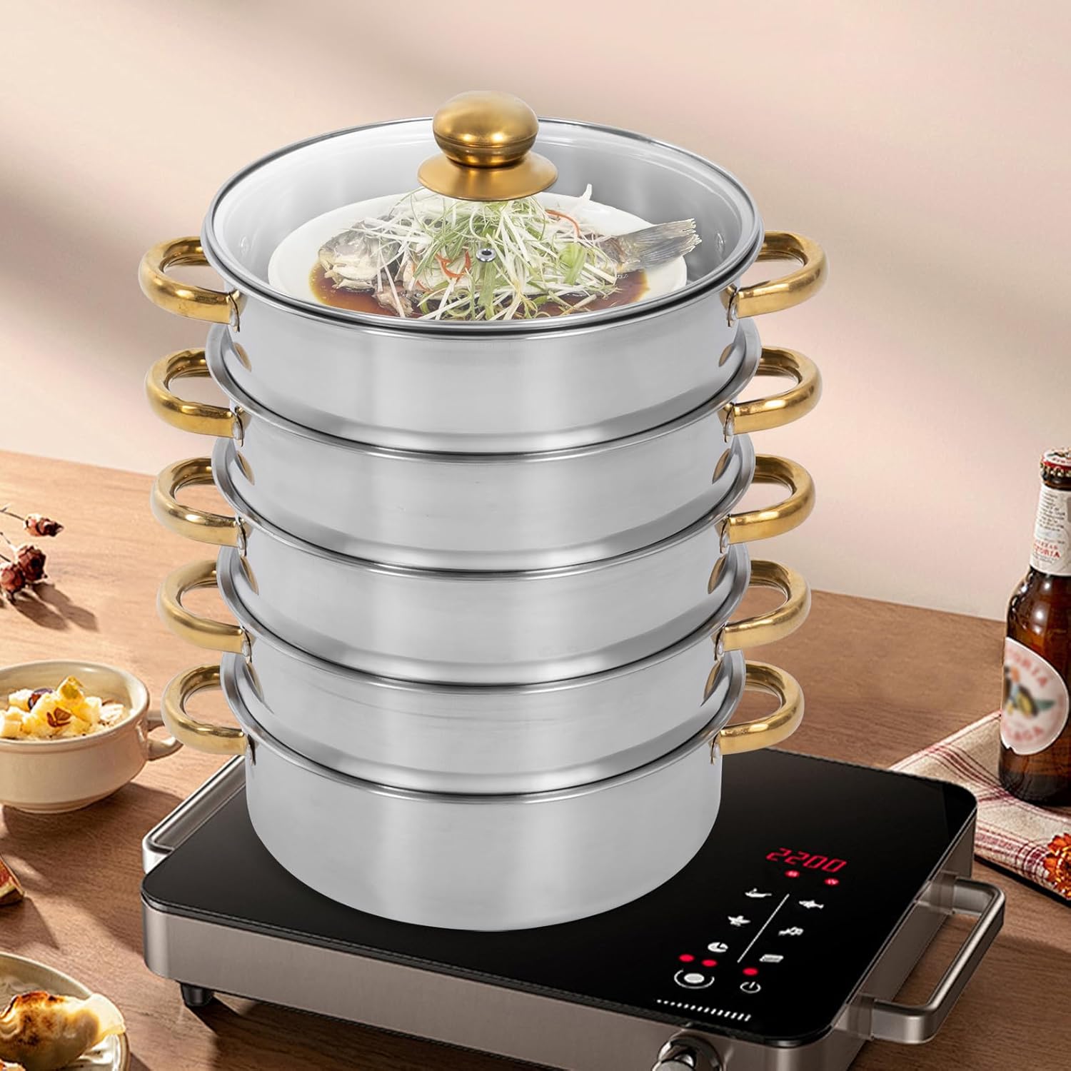 Steamer Pot 5 Tier - 26cm Stainless Steel Steamer Pot w/Glass Lid Food Veg Cooker Pot Cooking Pan Steaming Pot Dim Sum Cookware Steamer for Gas Electric Induction
