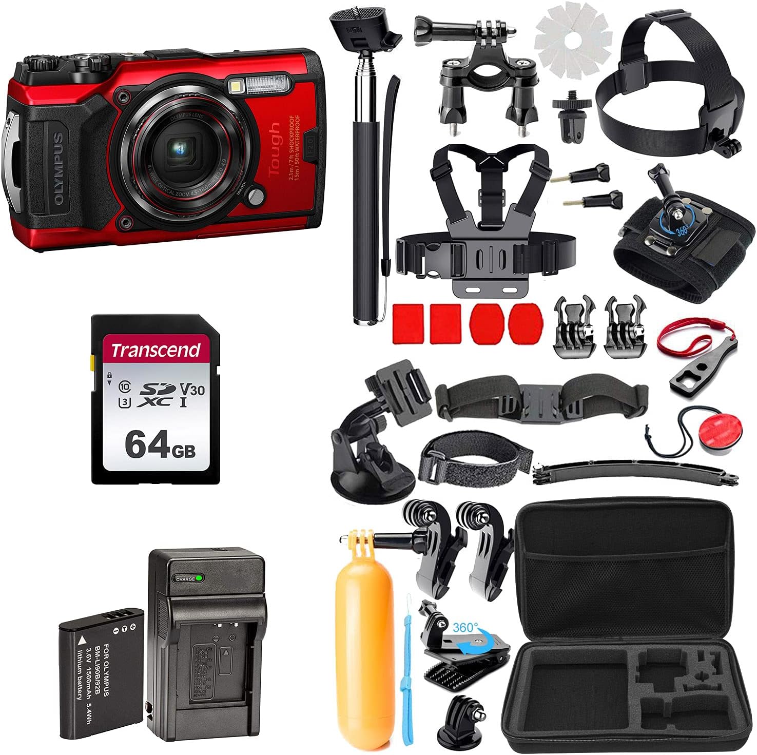 Olympus Tough TG-6 Digital Camera Bundles (Red, Extra Battery & Charger)
