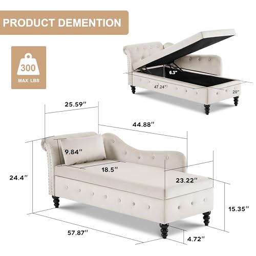 Tufted Velvet Chaise Lounge Indoor with Storage, Button Tufted Chaise with Nailhead Trim, Upholstered Rolled Arm Lounge Chair for Living Room Bedroom Office, Beige