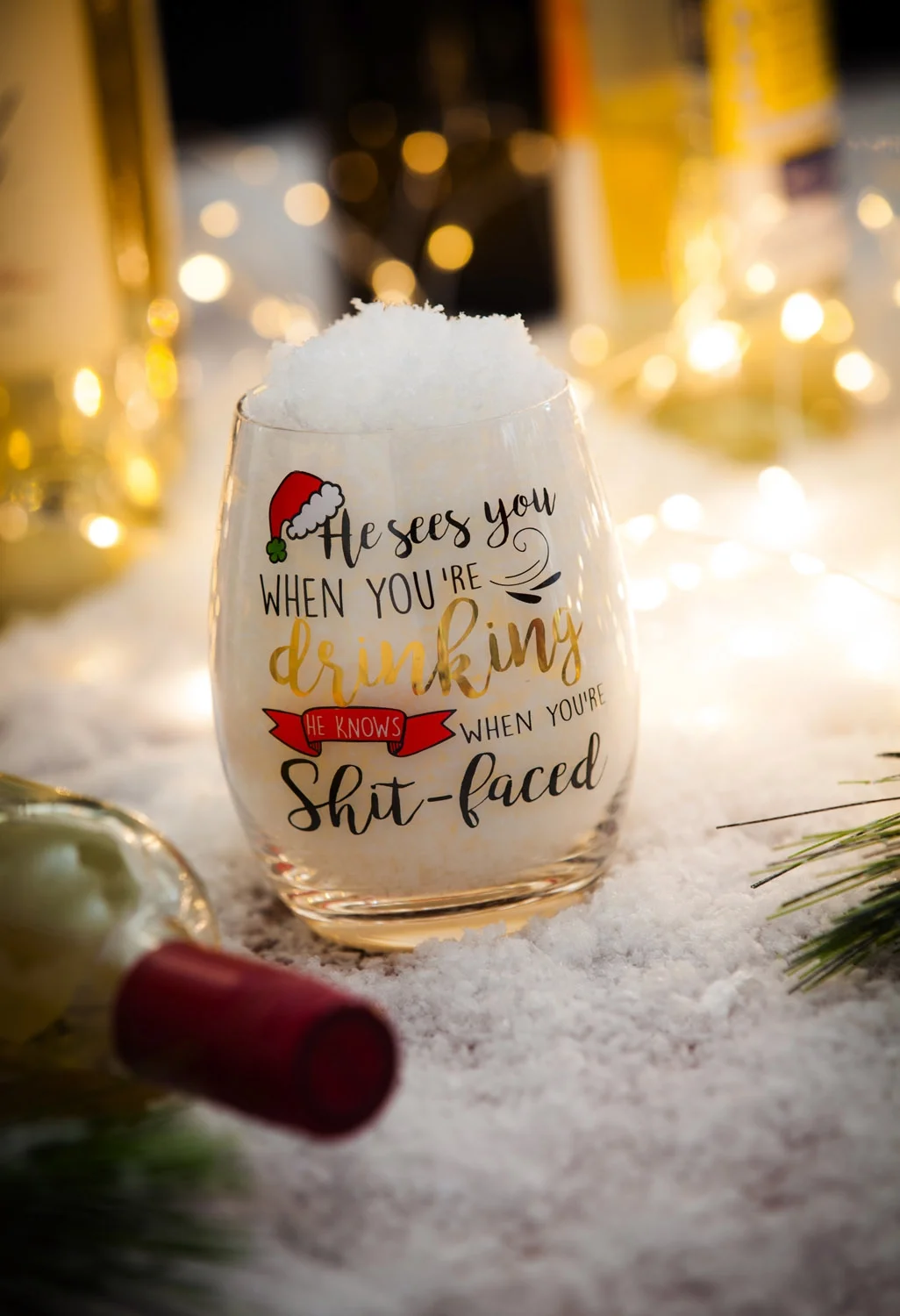 Evergreen Stemless Wine Glass w/metallic accents and box, He Sees You When You're Drinking...