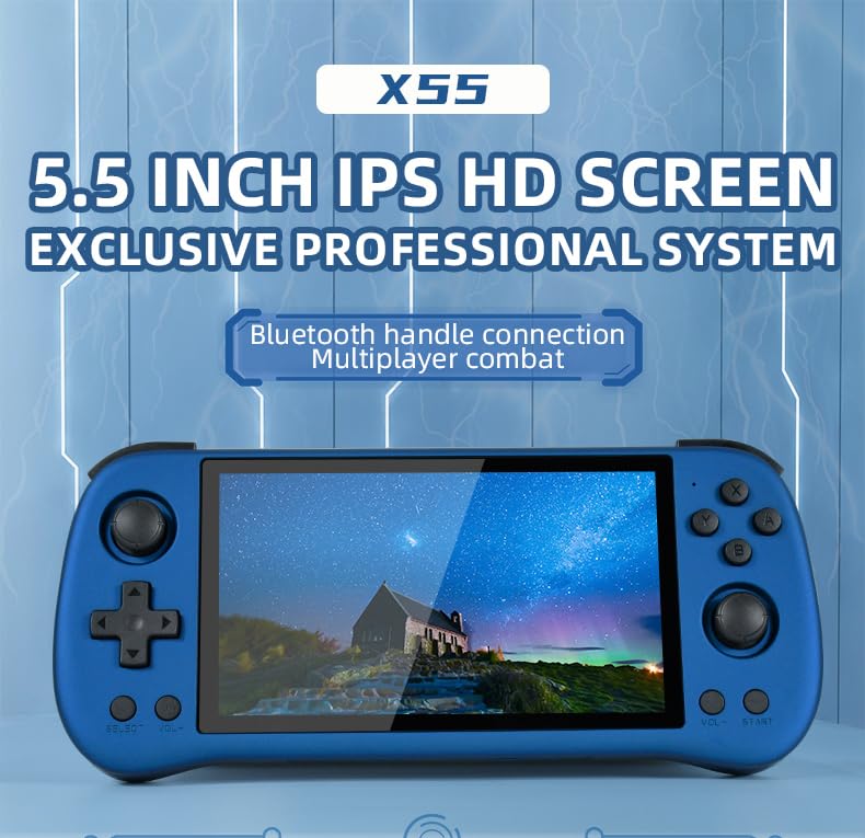 X55 Handheld Game Console with 5.5-Inch IPS Screen,HDMI Output RK3566 CPU, 4000mAh Battery Retro Portable Game Console for Kids and Adults（Black）
