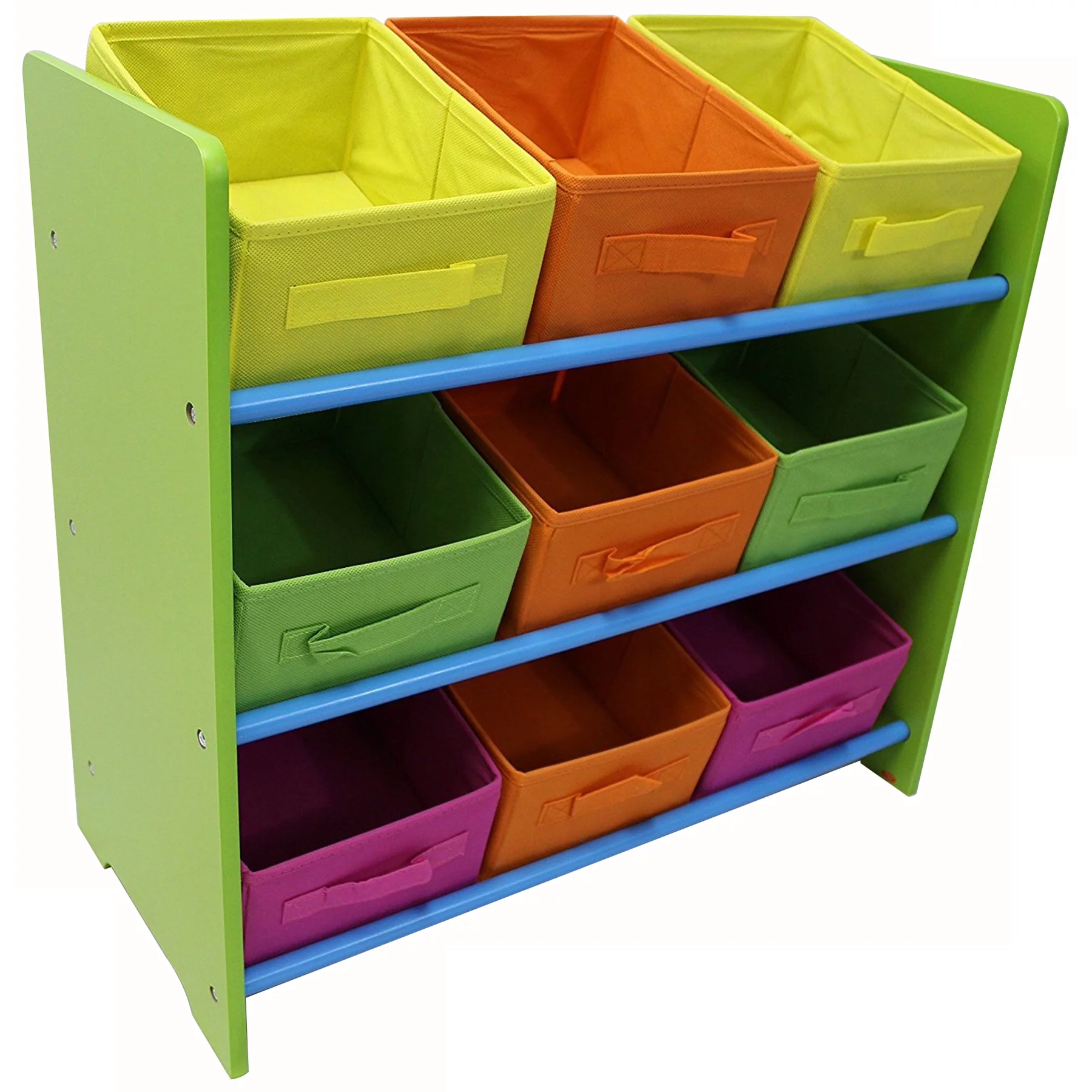 eHemco 3 Tier Wood Frame Storage Unit with 9 Removable Fabric Bins, 2 Yellow, 2 Green, 2 Purple and 3 Orange