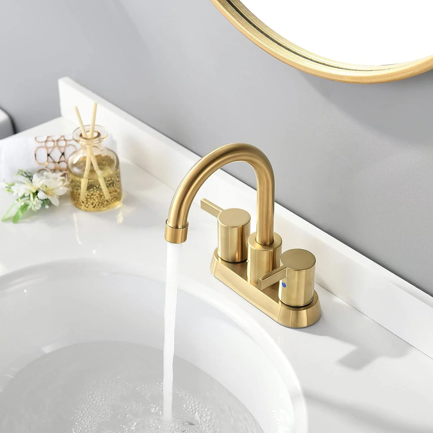 Zovajonia Brushed Gold 4 Inch 2 Handle Centerset Lead-Free Bathroom Faucet, Swivel Spout with Copper Pop Up Drain and 2 Water Supply Lines