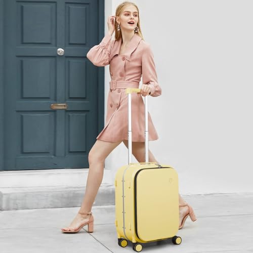 mixi Carry On Luggage, 20'' Suitcase with Front Laptop Pocket, Travel Rolling Luggage Aluminum Frame PC Hardside with Spinner Wheels & TSA Lock and Cover - Smoke White