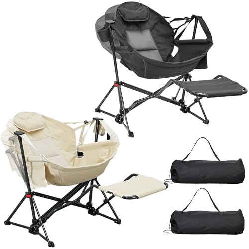 Ainfox Hammock Camping Chair with Footrest, Foldable Portable Rocking Chairs for Adults Outside Swinging Camp with Cup Holder Pillow for Outdoor Patio Poolside (Grey)