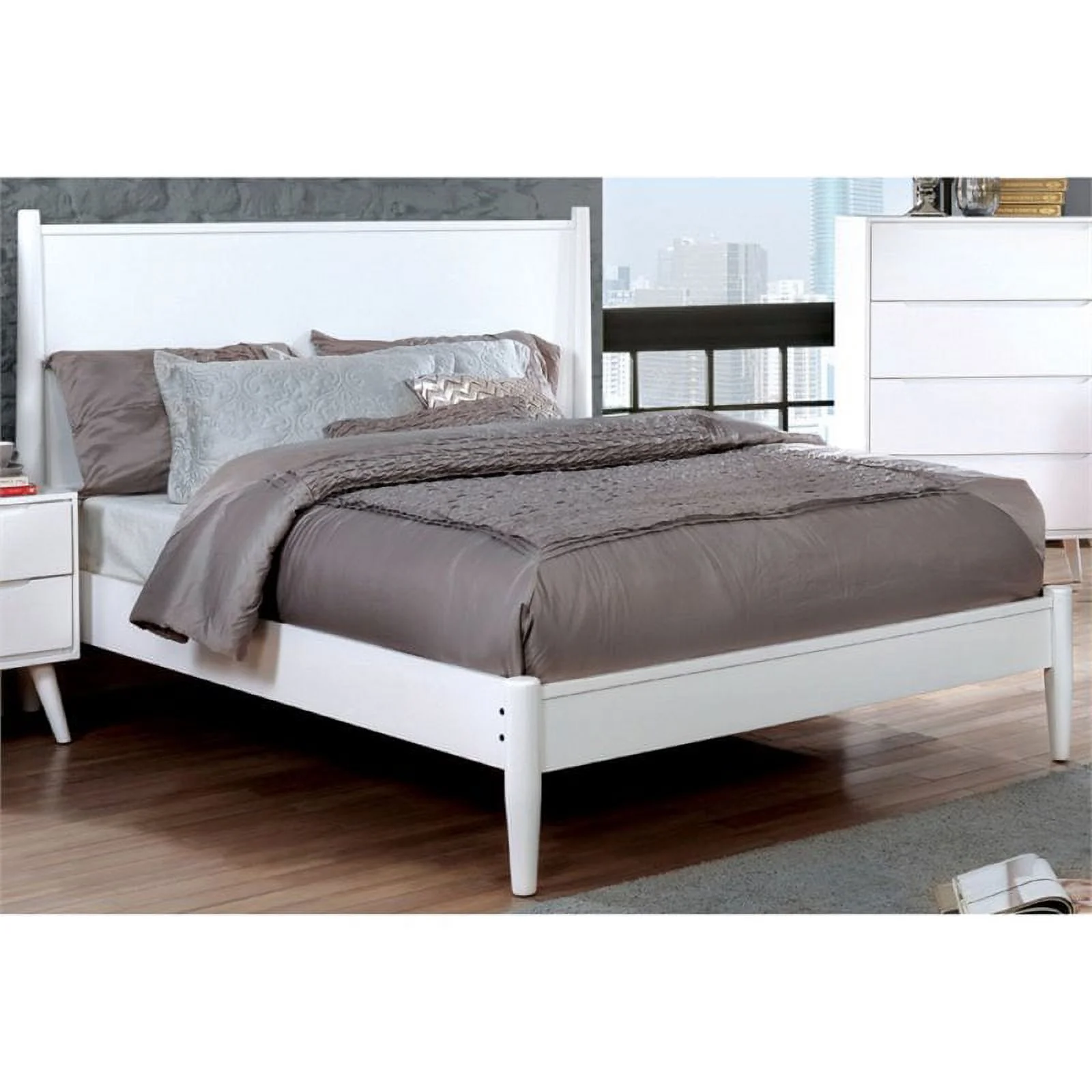 Bowery Hill Mid-Century Solid Wood King Platform Bed in White
