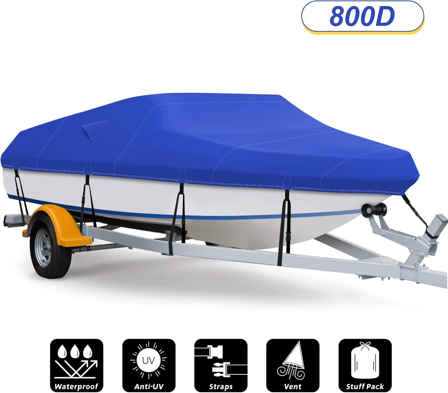 Fuprosico Boat Cover, 800D Waterproof Boat Cover 17 18 19 ft Foot Fits Bass Boat,V-Hull Tri-Hull ,Runabout Bowrider ,Fish and Ski Boat 17'-19' ,Heavy Duty Canvas, Double Rear Air Vents Blue