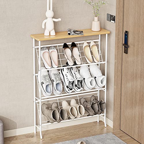 Shoe Rack Storage, Narrow 4 tier Metal Shoe Storage Shelf, Free Standing Shoe Racks, Space Saving Shoe Rack Organizer for Entryway, Hallway, Bedroom, Living Room(12-16 Pair)