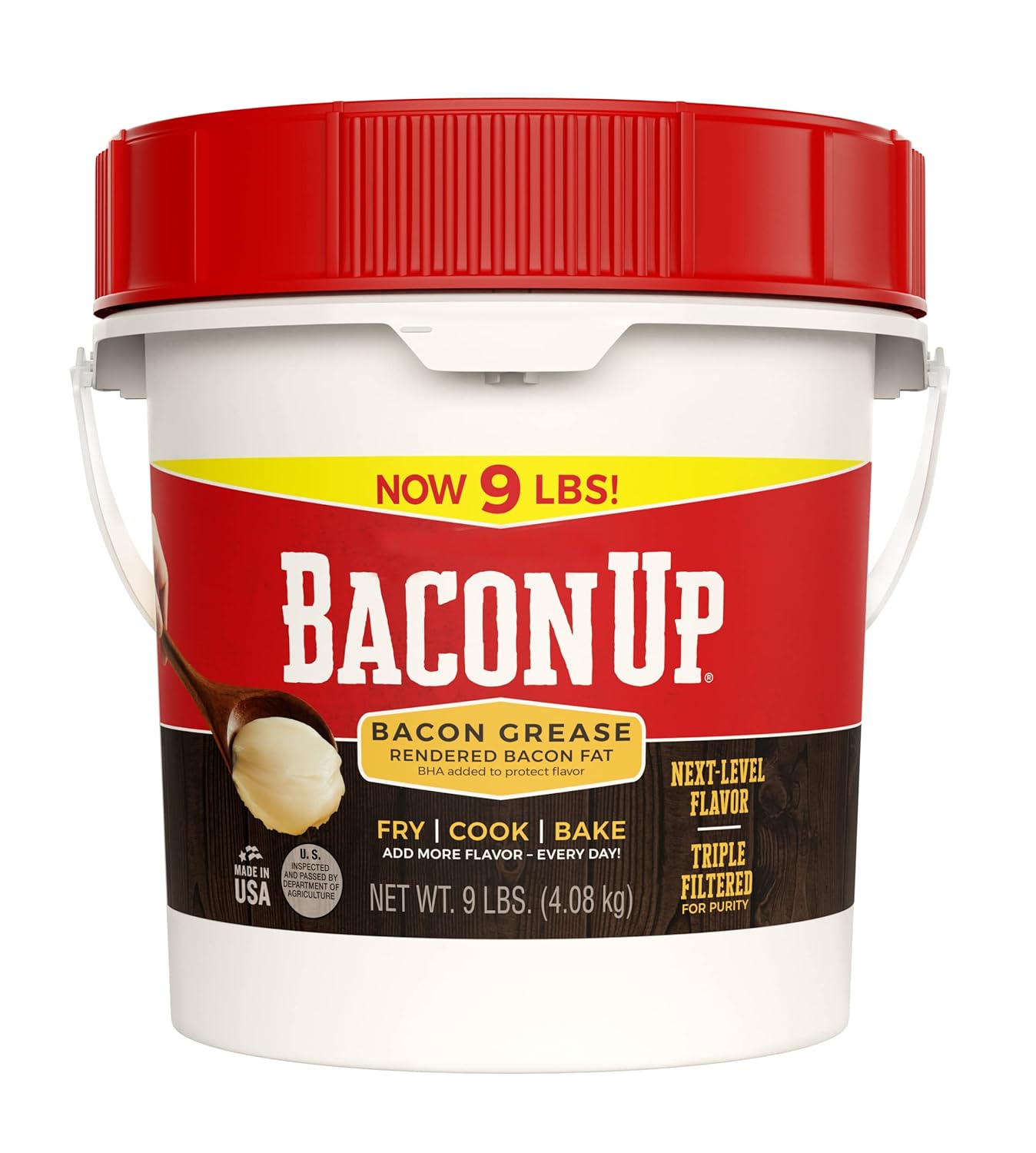Bacon UpⓇ Bacon Grease for Cooking - 9lb Pail of Authentic Solid Bacon Fat for Cooking, Frying and Baking - Triple-Filtered for Purity, No Carbs, Gluten-Free and Shelf-Stable