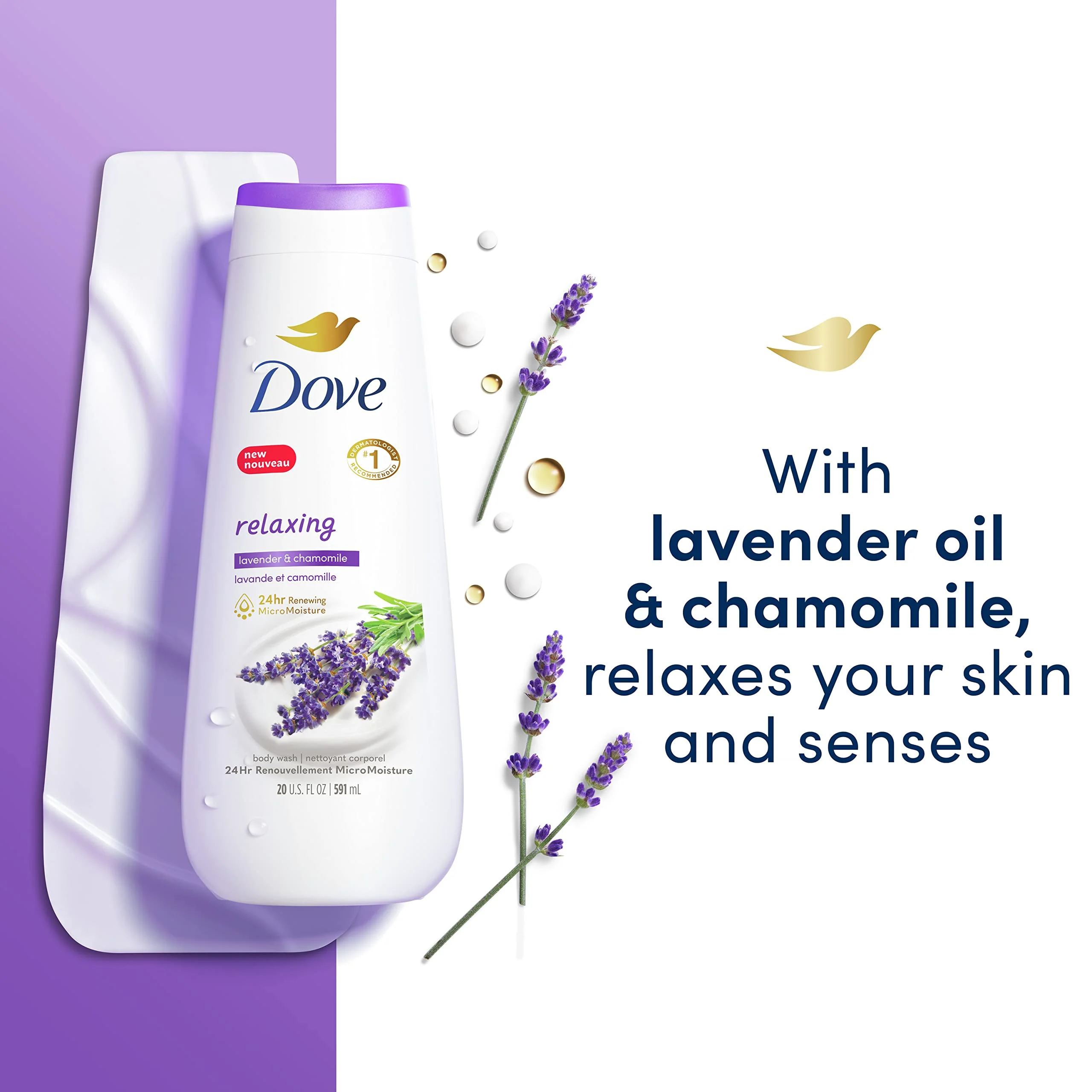 Dove Body Wash Relaxing Lavender Oil & Chamomile 4 Count For Renewed, Healthy-Looking Skin Gentle Skin Cleanser With 24Hr Renewing Micromoisture 20 Oz.