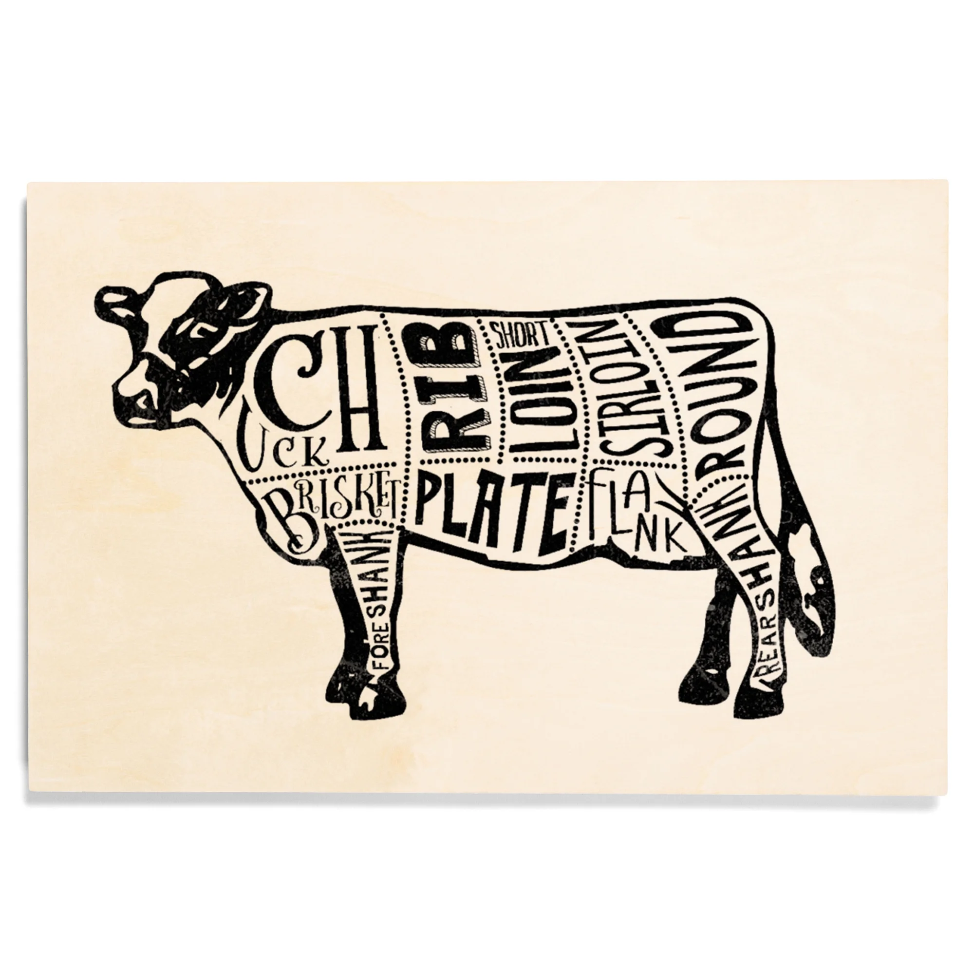 Beef, Butchers Block Meat Cuts, Black Cow on White Birch Wood Wall Sign (12x18 Rustic Home Decor, Ready to Hang Art)