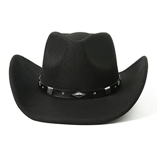 Lanzom Women Men Classic Felt Wide Brim Western Cowboy Cowgirl Hat with Belt Buckle